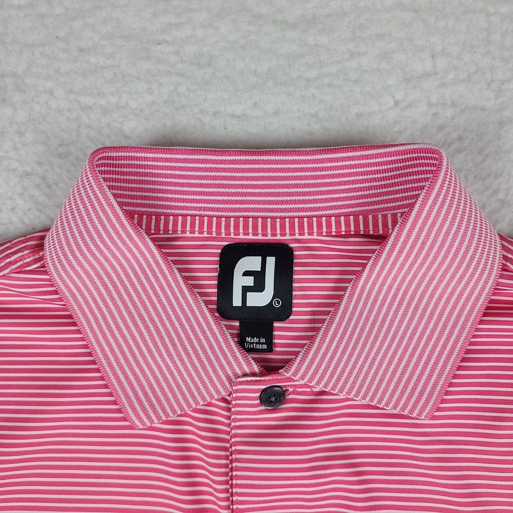 Foot Joy Polo Shirt Mens Large Pink Striped Performance FJ Golf Short Sleeve